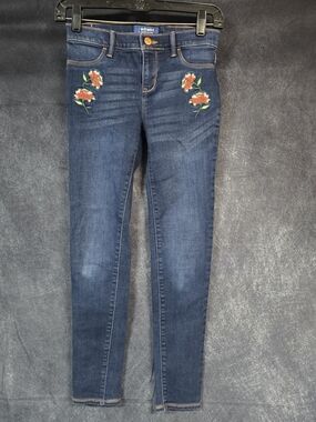 Old Navy Dark Blue Skinny Jeans with Red Floral Embroidery